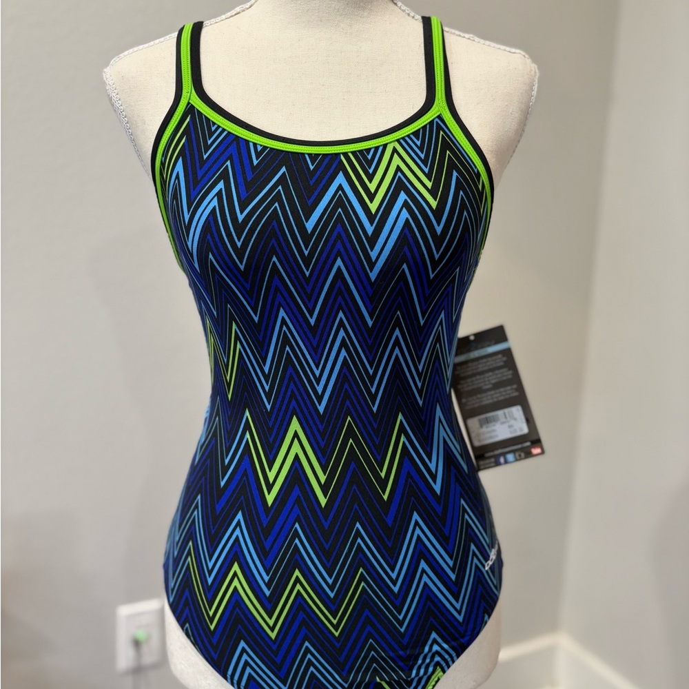 Dolfin Diamond Geometric Navy Blue and Neon Green One Piece Swimsuit